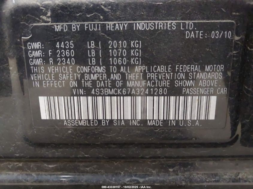 2010 Subaru Legacy 2.5I Limited VIN: 4S3BMCK67A3241280 Lot: 43338157