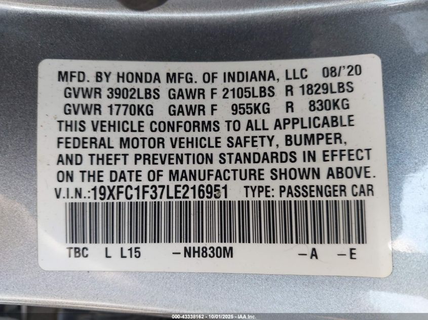 2020 Honda Civic Ex VIN: 19XFC1F37LE216951 Lot: 43338162