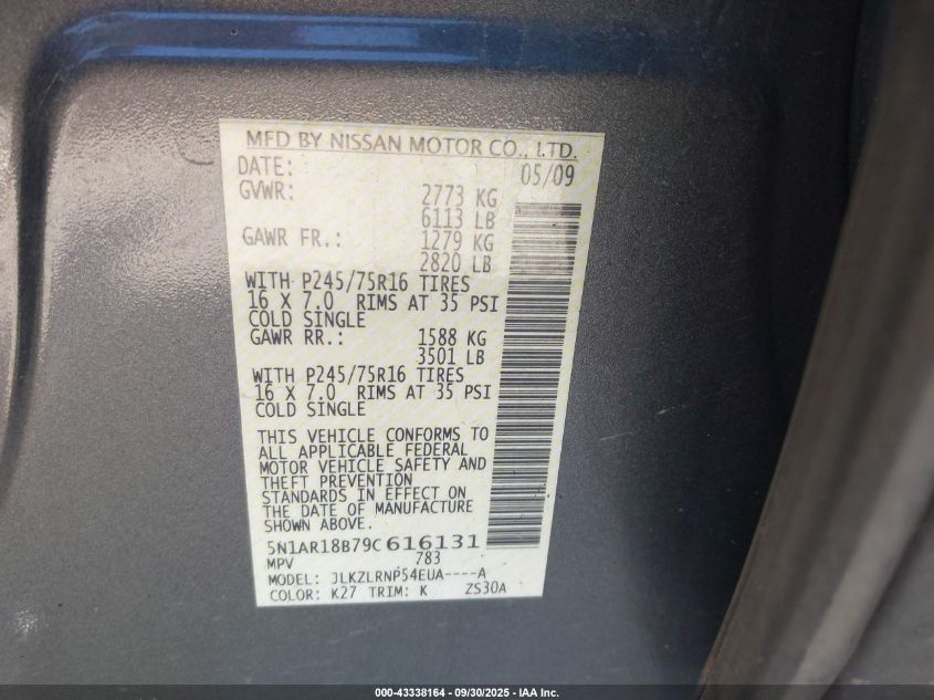 2009 Nissan Pathfinder S VIN: 5N1AR18B79C616131 Lot: 43338164
