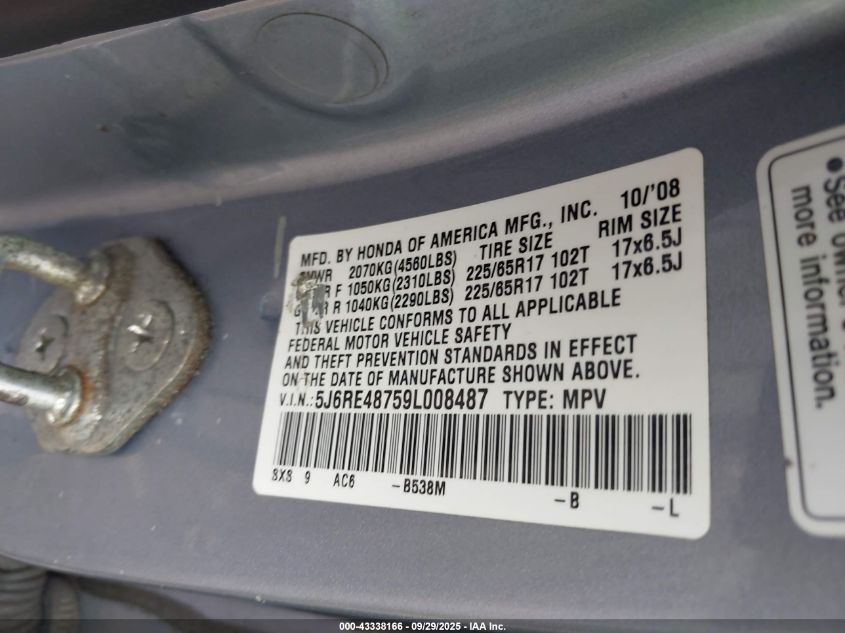 2009 Honda Cr-V Ex-L VIN: 5J6RE48759L008487 Lot: 43338166