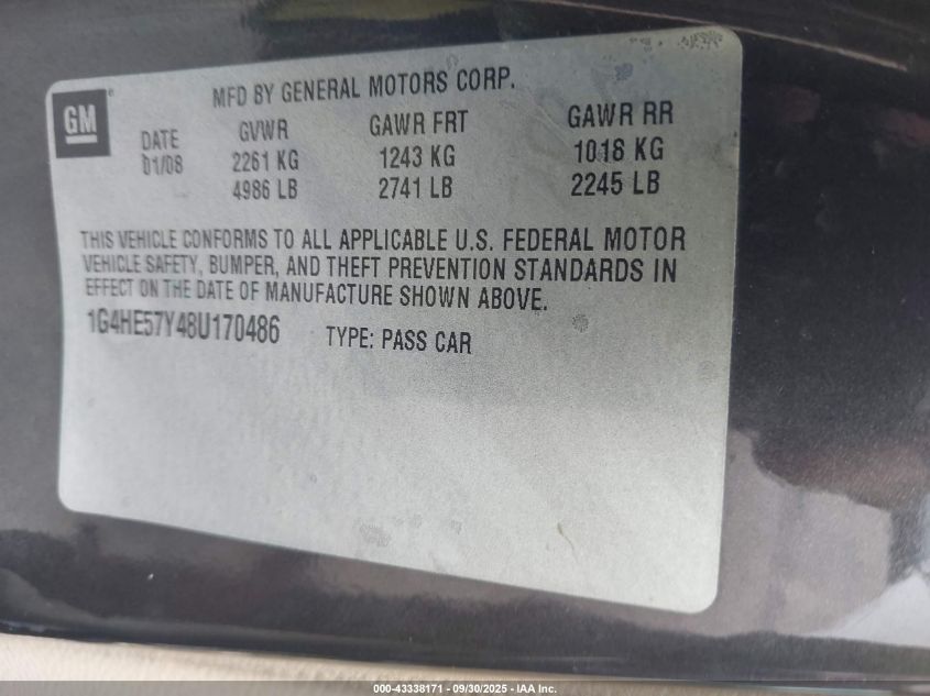 2008 Buick Lucerne Cxs VIN: 1G4HE57Y48U170486 Lot: 43338171