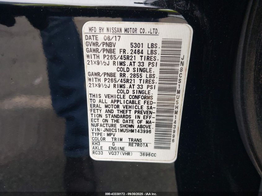 2017 Infiniti Qx70 VIN: JN8CS1MU5HM143996 Lot: 43338172