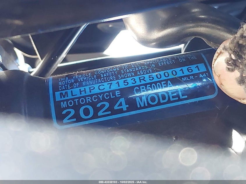 2024 Honda Cb500 F VIN: MLHPC7153R5000161 Lot: 43338183