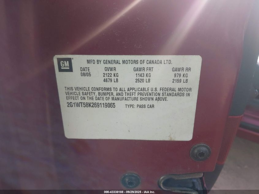 2006 Chevrolet Impala Lt VIN: 2G1WT58K269119065 Lot: 43338188