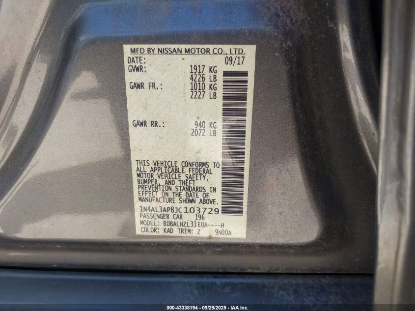 2018 Nissan Altima 2.5 Sr VIN: 1N4AL3AP8JC103729 Lot: 43338194