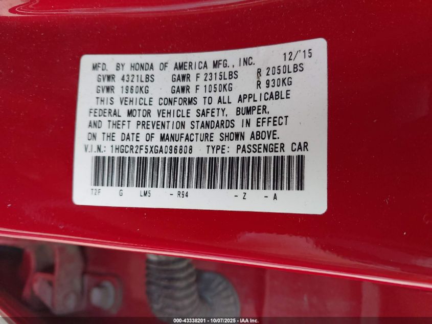 2016 Honda Accord Sport VIN: 1HGCR2F5XGA096808 Lot: 43338201