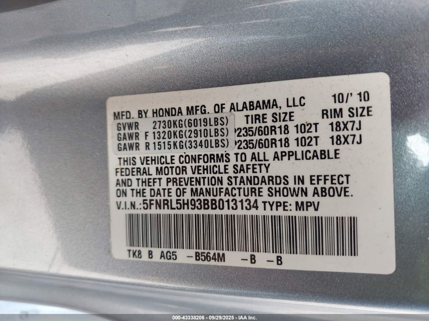 2011 Honda Odyssey Touring/Touring Elite VIN: 5FNRL5H93BB013134 Lot: 43338206