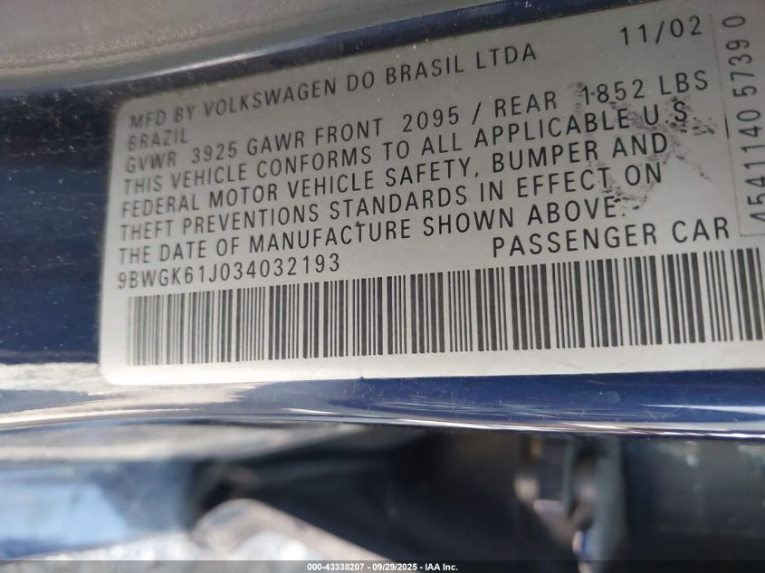 2003 Volkswagen Golf Gls 2.0L VIN: 9BWGK61J034032193 Lot: 43338207