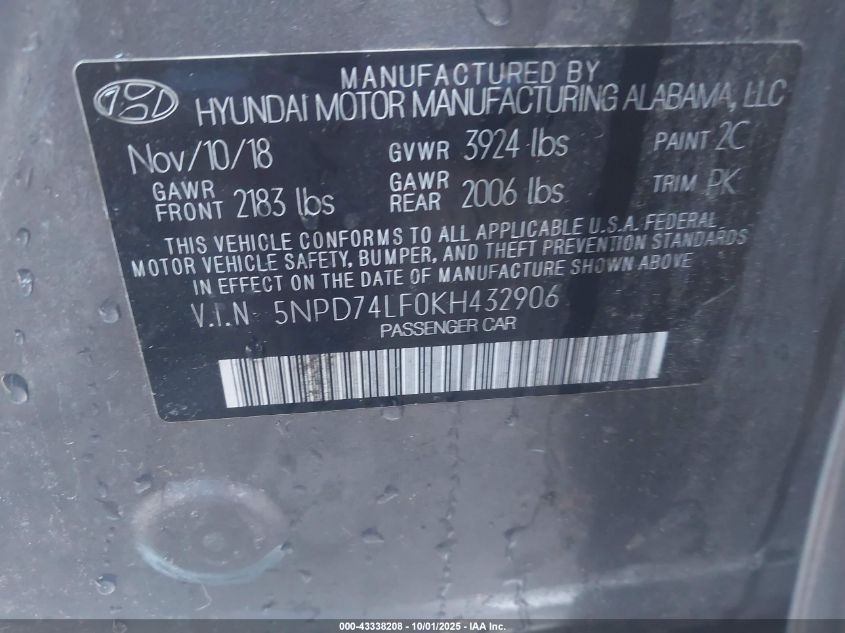 2019 Hyundai Elantra Se VIN: 5NPD74LF0KH432906 Lot: 43338208