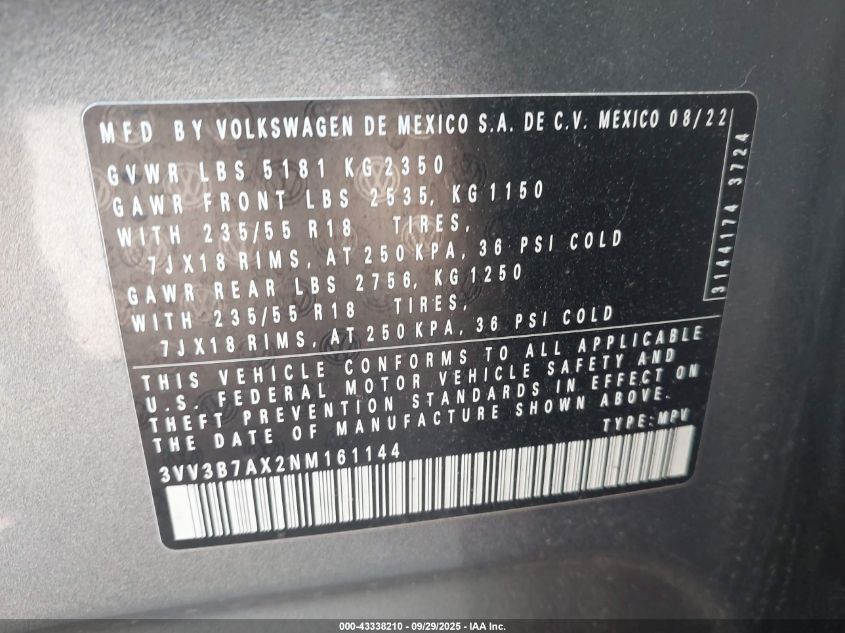2022 Volkswagen Tiguan 2.0T Se VIN: 3VV3B7AX2NM161144 Lot: 43338210