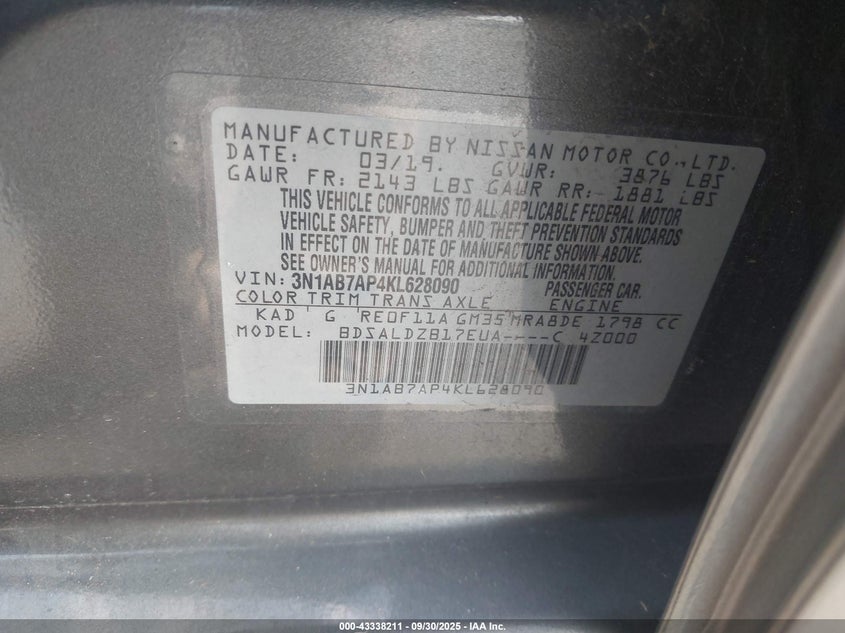 2019 Nissan Sentra Sv VIN: 3N1AB7AP4KL628090 Lot: 43338211