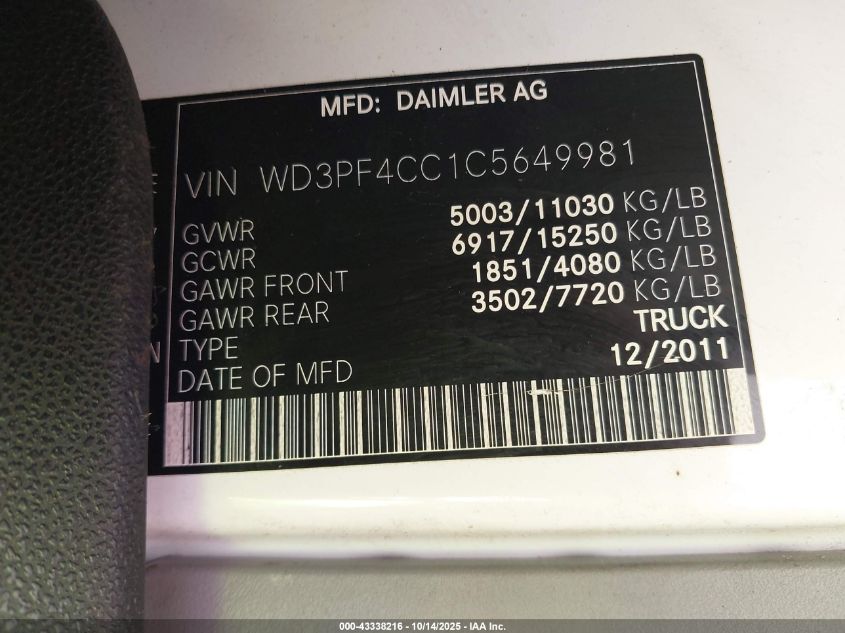 2012 Mercedes-Benz Sprinter 3500 High Roof VIN: WD3PF4CC1C5649981 Lot: 43338216