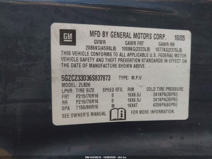 2006 Saturn Vue 4 Cyl VIN: 5GZCZ33D36S837873 Lot: 43338218