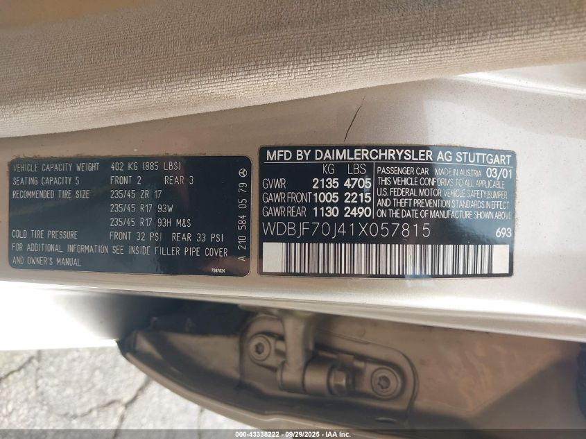 2001 Mercedes-Benz E 430 VIN: WDBJF70J41X057815 Lot: 43338222