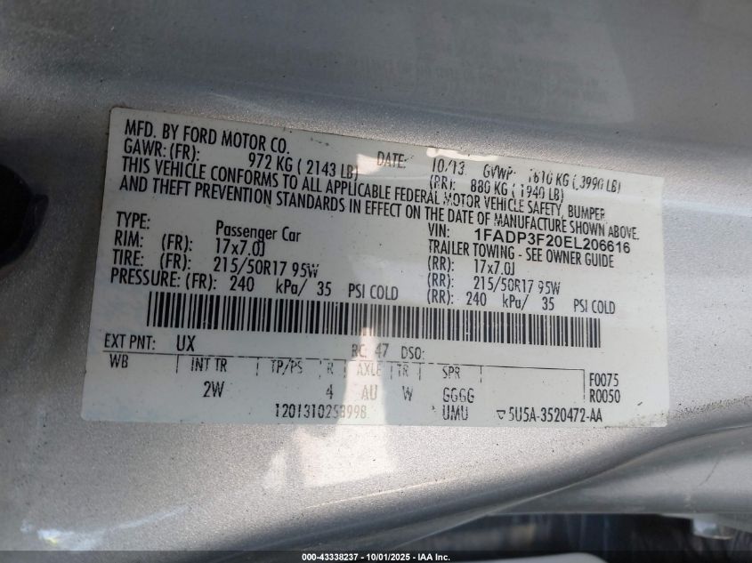 2014 Ford Focus Se VIN: 1FADP3F20EL206616 Lot: 43338237