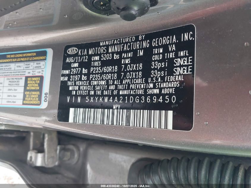 2013 Kia Sorento Sx VIN: 5XYKW4A21DG369450 Lot: 43338240