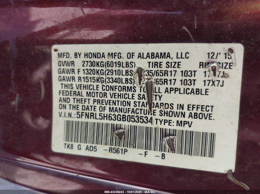 2016 Honda Odyssey Ex-L VIN: 5FNRL5H63GB053534 Lot: 43338243