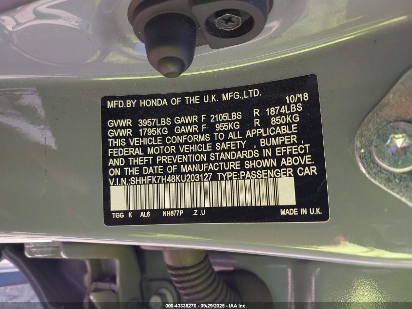 2019 Honda Civic Sport VIN: SHHFK7H48KU203127 Lot: 43400027