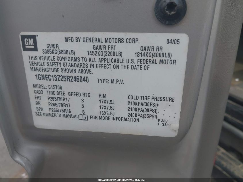 2005 Chevrolet Tahoe Z71 VIN: 1GNEC13Z25R246040 Lot: 43338272