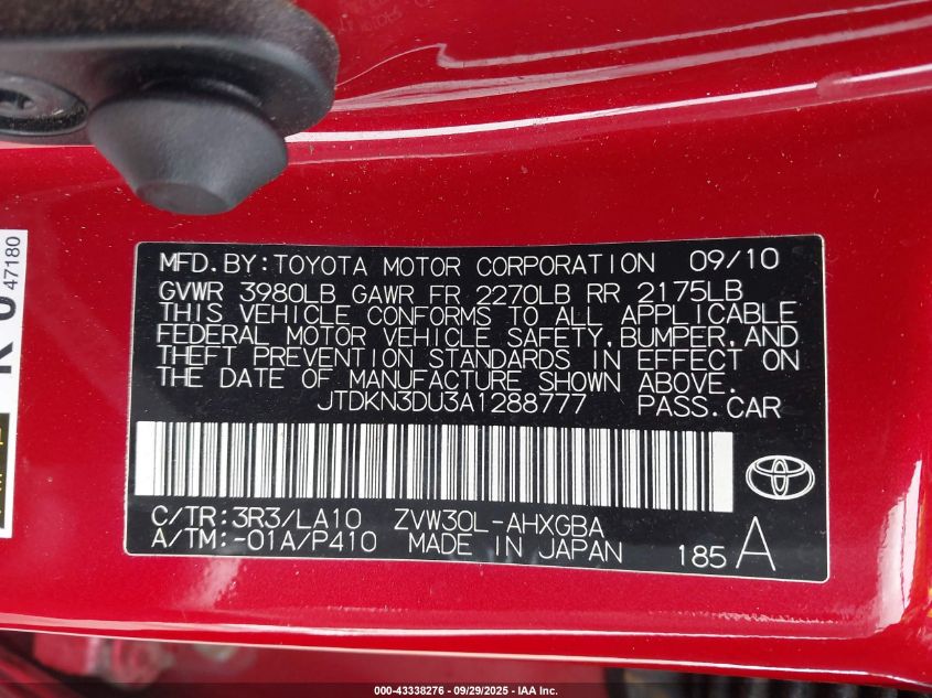 2010 Toyota Prius V VIN: JTDKN3DU3A1288777 Lot: 43338276