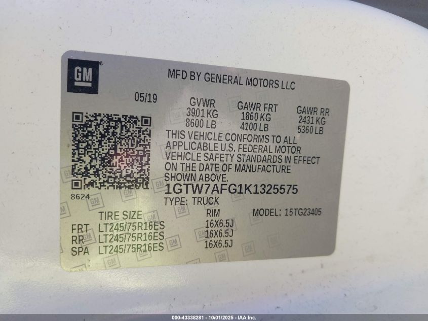2019 GMC Savana 2500 Work Van VIN: 1GTW7AFG1K1325575 Lot: 43338281