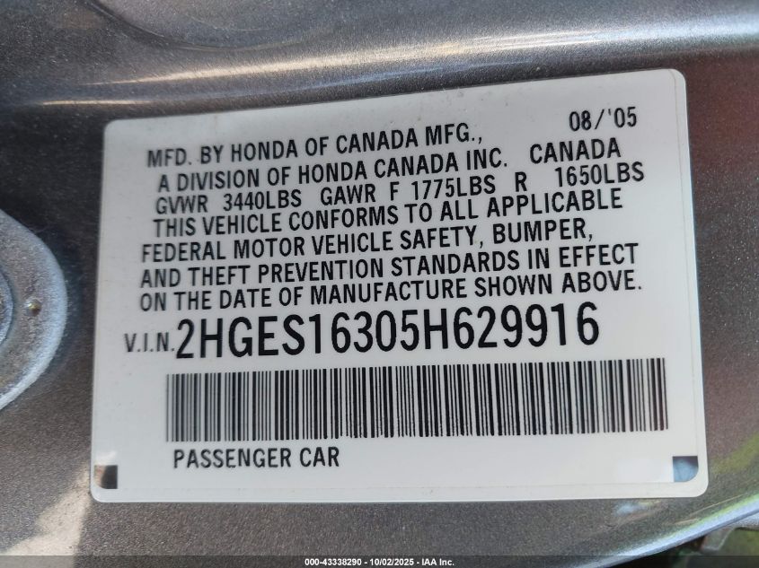 2005 Honda Civic Vp VIN: 2HGES16305H629916 Lot: 43338290