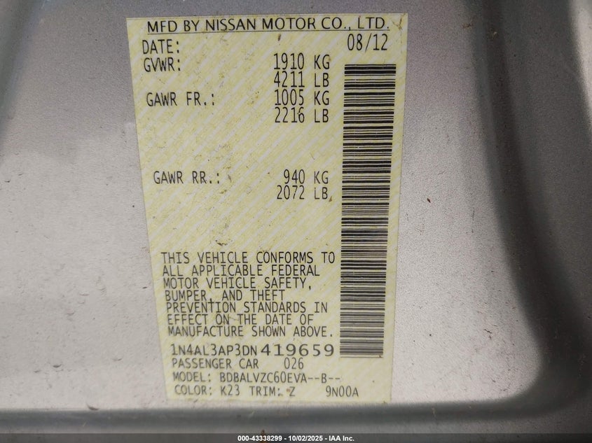 2013 Nissan Altima 2.5 Sl VIN: 1N4AL3AP3DN419659 Lot: 43338299