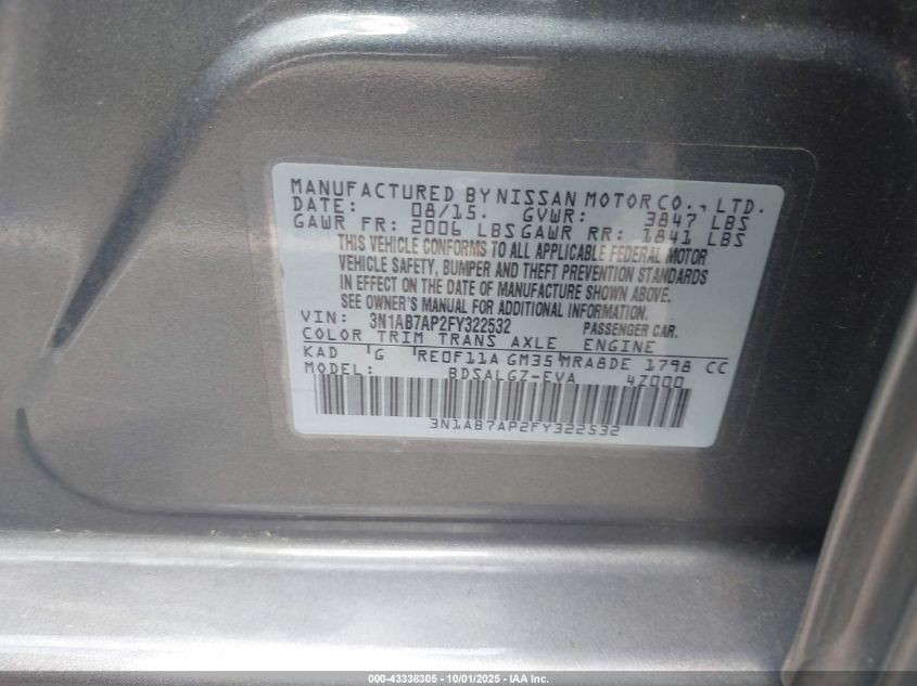 2015 Nissan Sentra Sl VIN: 3N1AB7AP2FY322532 Lot: 43338305