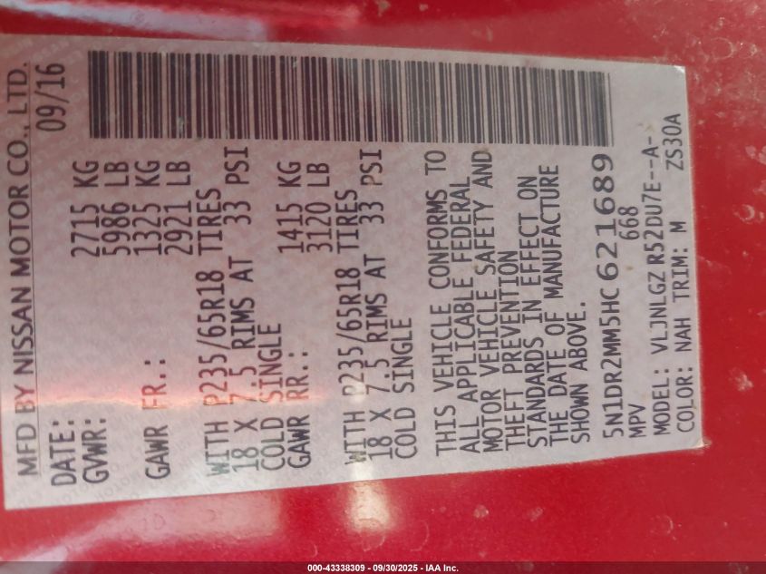 2017 Nissan Pathfinder Sl VIN: 5N1DR2MM5HC621689 Lot: 43338309