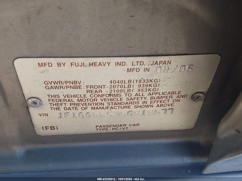 2005 Subaru Impreza Outback Sport Base W/Special Edition VIN: JF1GG68535G818677 Lot: 43338312