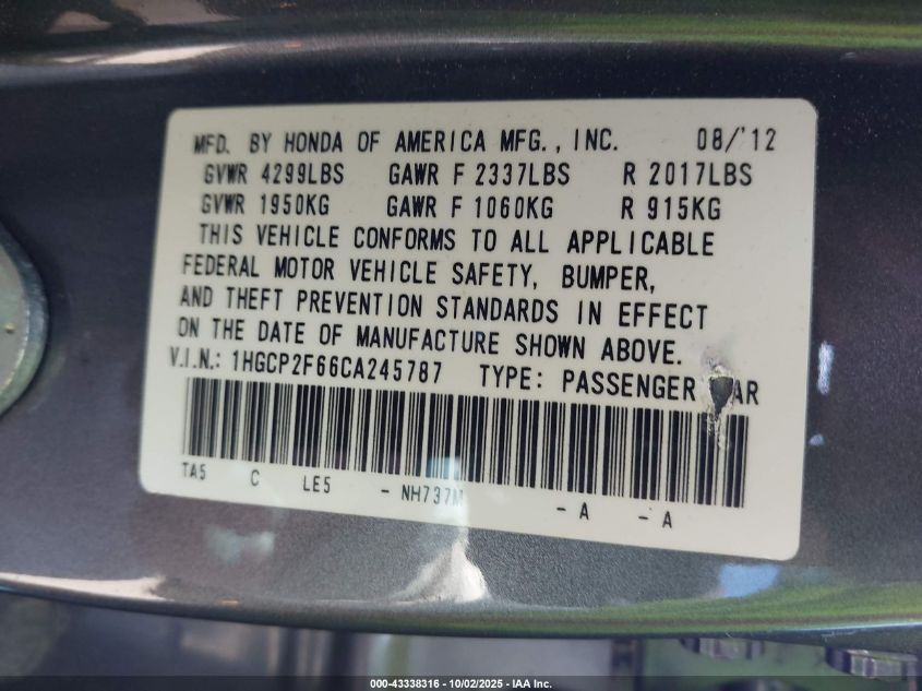 2012 Honda Accord 2.4 Se VIN: 1HGCP2F66CA245787 Lot: 43338316