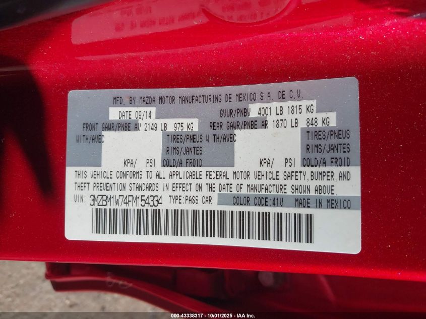 2015 Mazda Mazda3 I Grand Touring VIN: 3MZBM1W74FM154334 Lot: 43338317