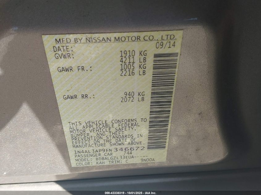 2015 Nissan Altima 2.5/2.5 S/2.5 Sl/2.5 Sv VIN: 1N4AL3AP9FN346672 Lot: 43338319