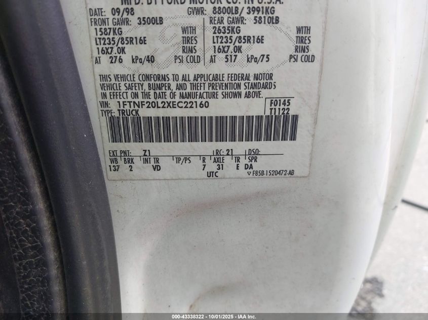 1999 Ford F-250 Lariat/Xl/Xlt VIN: 1FTNF20L2XEC22160 Lot: 43338322