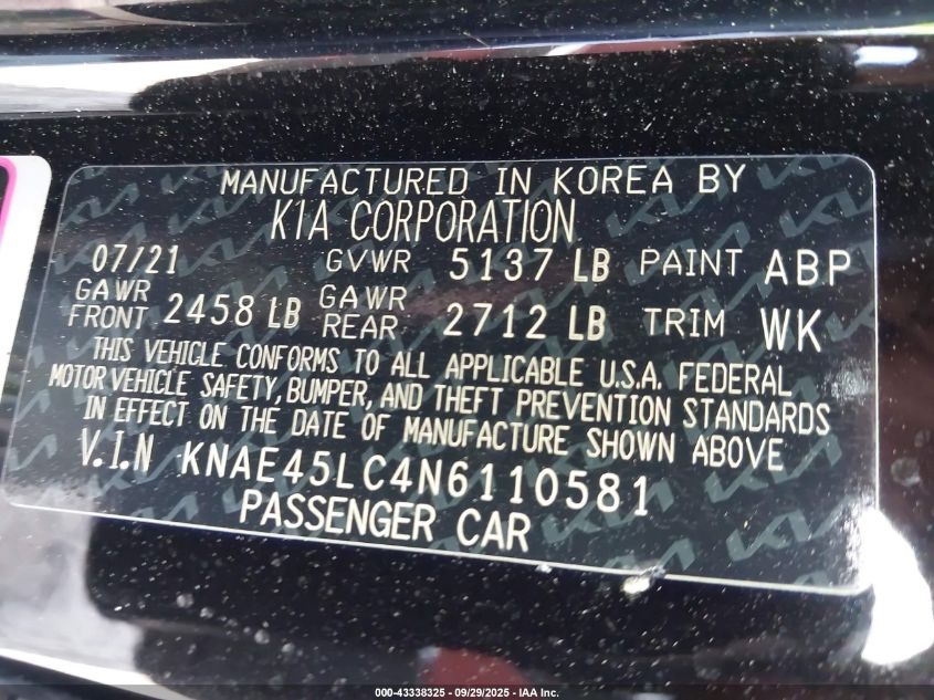 2022 Kia Stinger Gt1 VIN: KNAE45LC4N6110581 Lot: 43338325