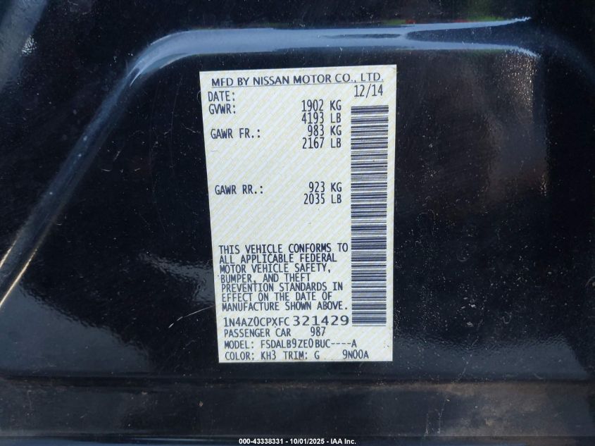 2015 Nissan Leaf S VIN: 1N4AZ0CPXFC321429 Lot: 43338331