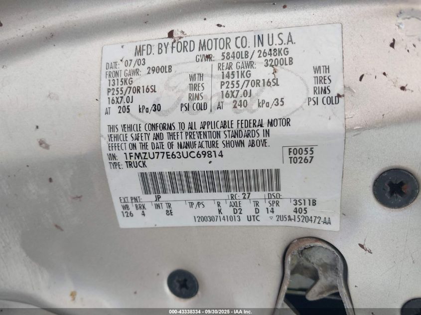 2003 Ford Explorer Sport Trac Xls/Xlt VIN: 1FMZU77E63UC69814 Lot: 43338334