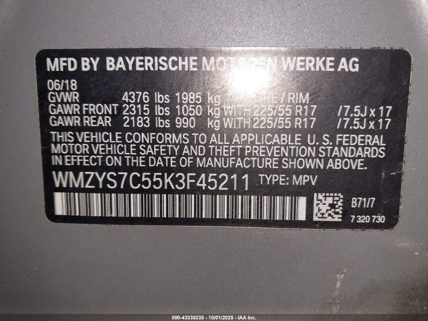 2019 Mini Countryman Cooper VIN: WMZYS7C55K3F45211 Lot: 43338338