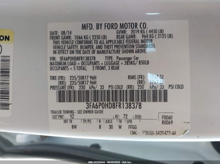 2015 Ford Fusion Se VIN: 3FA6P0HD8FR138378 Lot: 43338344