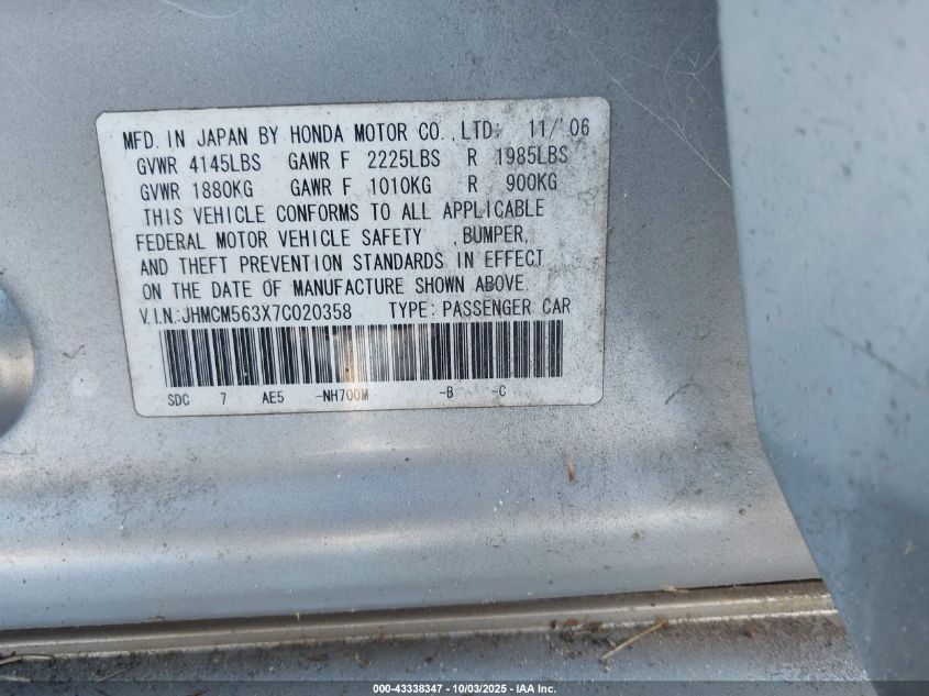 2007 Honda Accord 2.4 Se VIN: JHMCM563X7C020358 Lot: 43338347