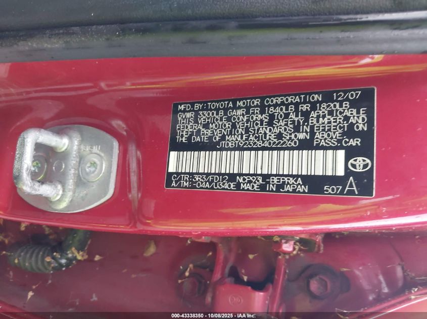 2008 Toyota Yaris VIN: JTDBT923284022260 Lot: 43338350