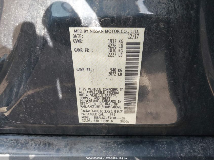 2018 Nissan Altima 2.5 S VIN: 1N4AL3AP6JC161967 Lot: 43338354