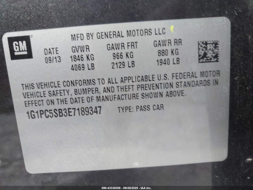 2014 Chevrolet Cruze 1Lt Auto VIN: 1G1PC5SB3E7189347 Lot: 43338358