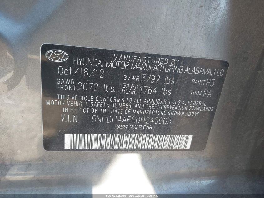 2013 Hyundai Elantra Gls VIN: 5NPDH4AE5DH240603 Lot: 43338364