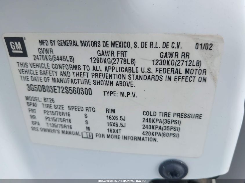 2002 Buick Rendezvous Cxl VIN: 3G5DB03E72S560300 Lot: 43338365