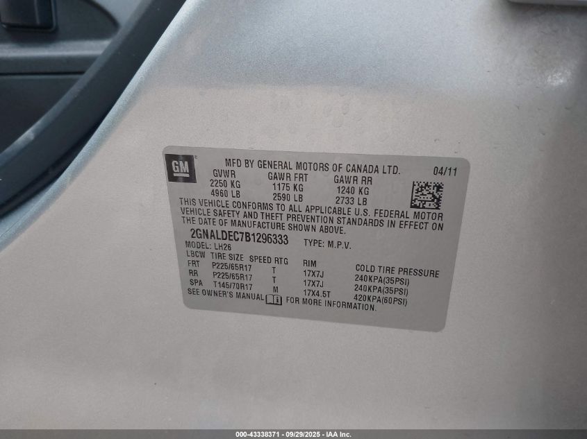 2011 Chevrolet Equinox 1Lt VIN: 2GNALDEC7B1296333 Lot: 43338371