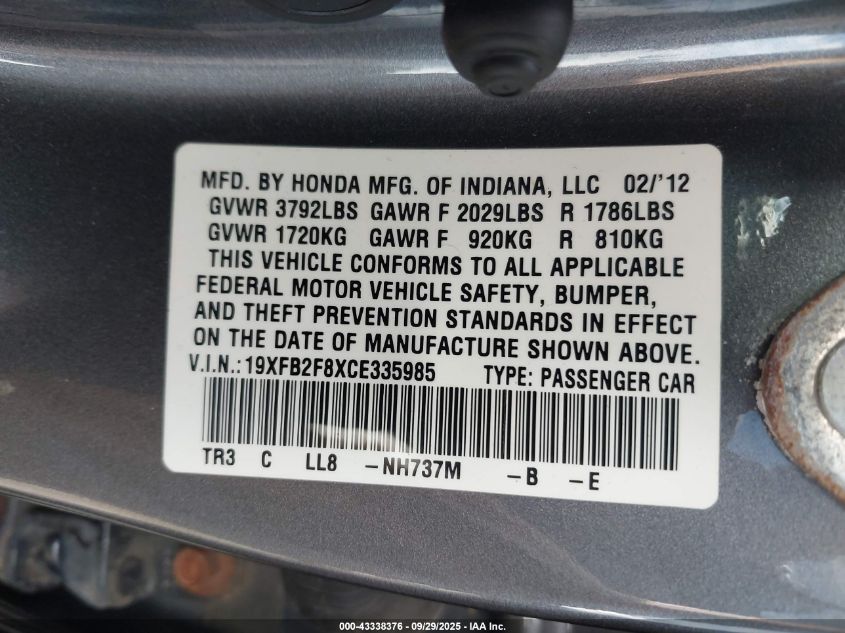 2012 Honda Civic Ex VIN: 19XFB2F8XCE335985 Lot: 43338376