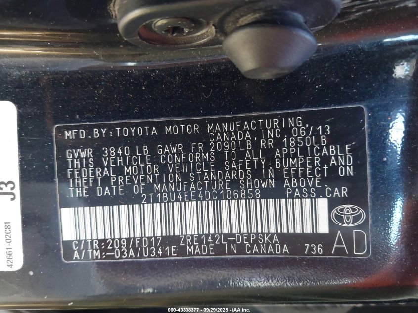 2013 Toyota Corolla S VIN: 2T1BU4EE4DC106858 Lot: 43338377