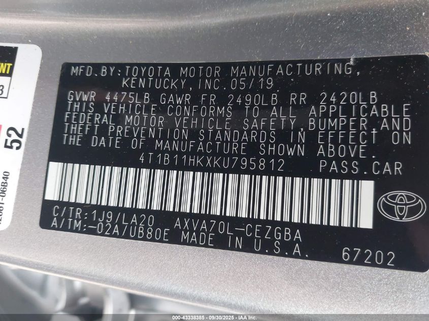 2019 Toyota Camry Xle VIN: 4T1B11HKXKU795812 Lot: 43338385