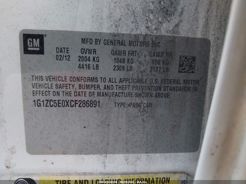 2012 Chevrolet Malibu 1Lt VIN: 1G1ZC5E0XCF286891 Lot: 43338388